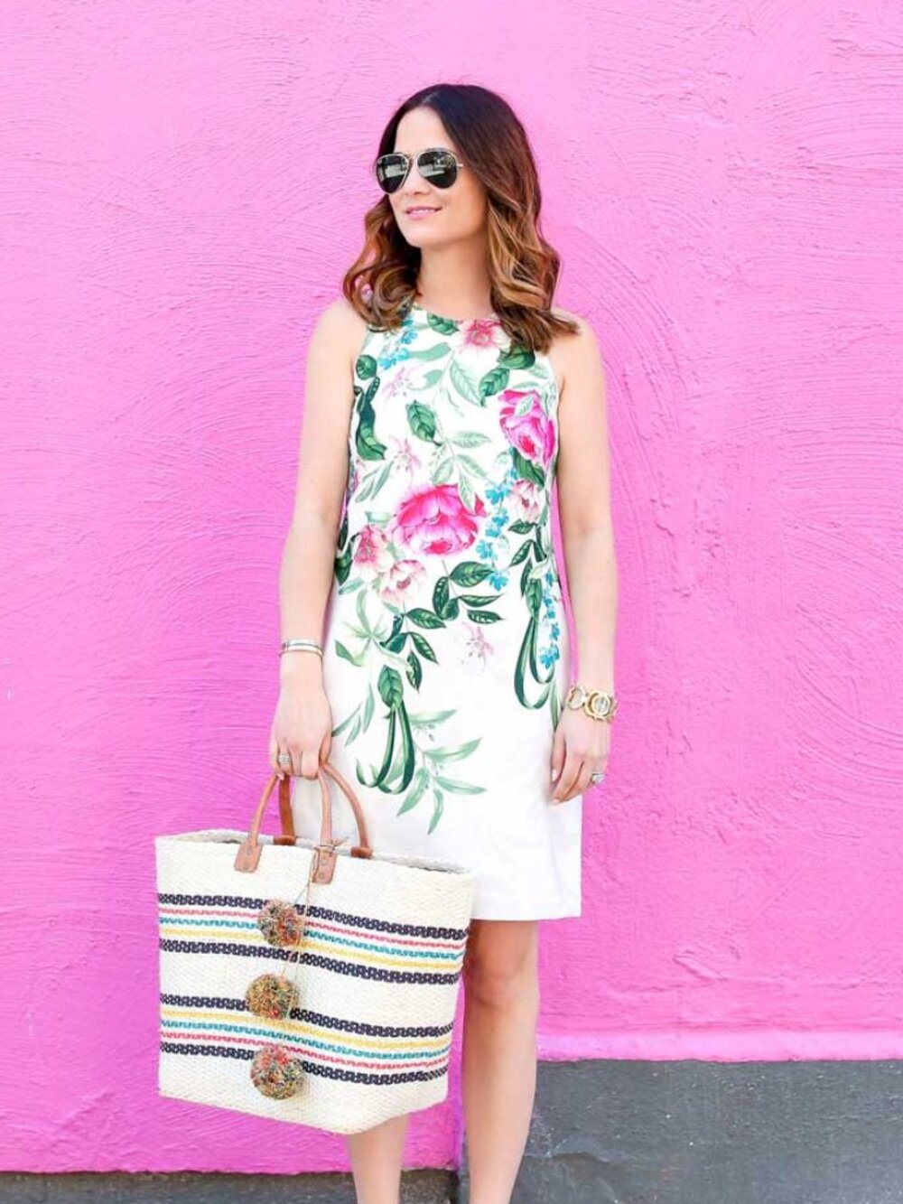 Eliza J NWT Sleeveless White Floral Shift Dress with Pink & Green Print 8